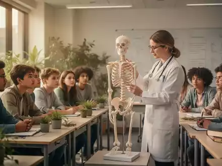 Eine Gruppe von Studenten beobachtet einen Dozenten, der an einem Skelettmodell eine osteopathische Technik demonstriert. - Foto: über boerse-global.de