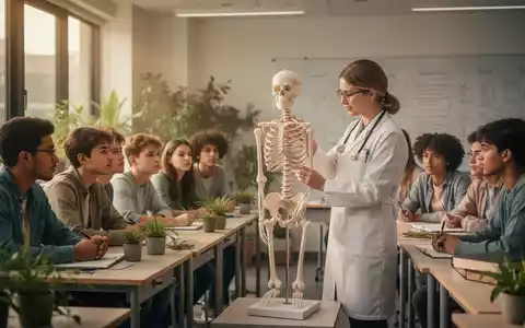 Eine Gruppe von Studenten beobachtet einen Dozenten, der an einem Skelettmodell eine osteopathische Technik demonstriert. - Foto: über boerse-global.de