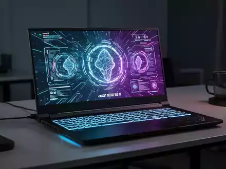 Leistungsstarker Acer Nitro 16S AI Gaming-Laptop auf Schreibtisch, heller Bildschirm mit KI-Grafiken. - Foto: über boerse-global.de