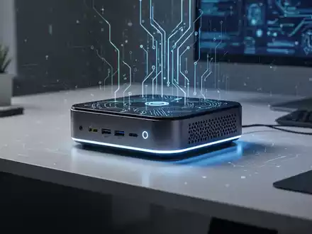 Zukunftsfähiger Mini-PC mit blauem Licht auf einem Schreibtisch, Symbol für lokale KI-Verarbeitung. - Foto: über boerse-global.de