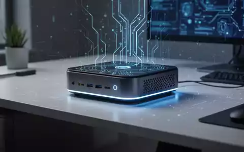 Zukunftsfähiger Mini-PC mit blauem Licht auf einem Schreibtisch, Symbol für lokale KI-Verarbeitung. - Foto: über boerse-global.de