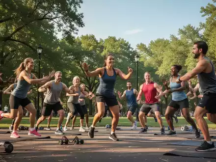 Eine Gruppe von Menschen unterschiedlichen Alters nimmt an einem Fitnesskurs im Freien in einem Park teil. - Foto: über boerse-global.de
