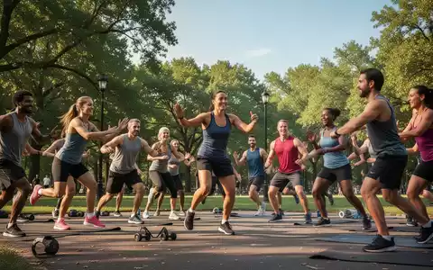 Eine Gruppe von Menschen unterschiedlichen Alters nimmt an einem Fitnesskurs im Freien in einem Park teil. - Foto: über boerse-global.de