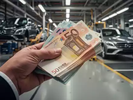 Eine Hand hält einen Stapel Euro-Banknoten, im Hintergrund verschwommen eine Mercedes-Benz-Fabrikhalle. - Foto: über boerse-global.de