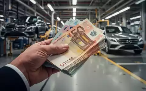 Eine Hand hält einen Stapel Euro-Banknoten, im Hintergrund verschwommen eine Mercedes-Benz-Fabrikhalle. - Foto: über boerse-global.de