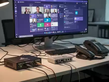 Moderner Schreibtisch mit Computerbildschirm (Microsoft Teams), AudioCodes ATA und Retro-Analogtelefon. - Foto: über boerse-global.de