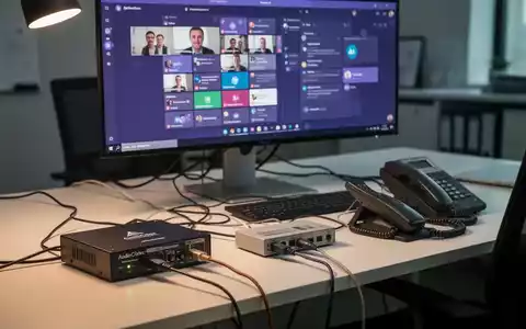 Moderner Schreibtisch mit Computerbildschirm (Microsoft Teams), AudioCodes ATA und Retro-Analogtelefon. - Foto: über boerse-global.de