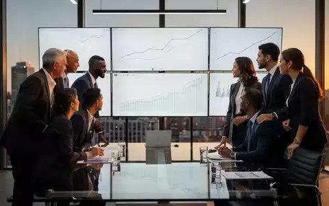 Geschäftsleute in einem modernen Büro betrachten Finanzdiagramme, die Dividendenwachstum und Marktführung symbolisieren. - Foto: über boerse-global.de