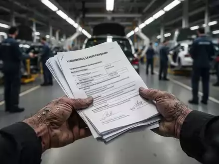 Eine Hand hält Dokumente vor dem unscharfen Hintergrund einer Autofabrik, die Restrukturierung und Personalabbau symbolisiert. - Foto: über boerse-global.de