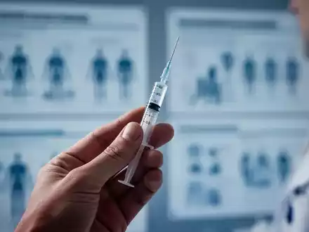 Nahaufnahme einer Hand, die eine moderne medizinische Spritze hält, mit einem unscharfen Hintergrund aus medizinischen Diagrammen. - Foto: über boerse-global.de