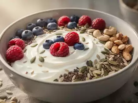 Eine Nahaufnahme einer gesunden Frühstücksschale mit Joghurt, Beeren, Nüssen und Samen, die Proteinreichtum symbolisiert. - Foto: über boerse-global.de