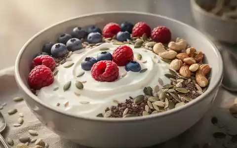 Eine Nahaufnahme einer gesunden Frühstücksschale mit Joghurt, Beeren, Nüssen und Samen, die Proteinreichtum symbolisiert. - Foto: über boerse-global.de