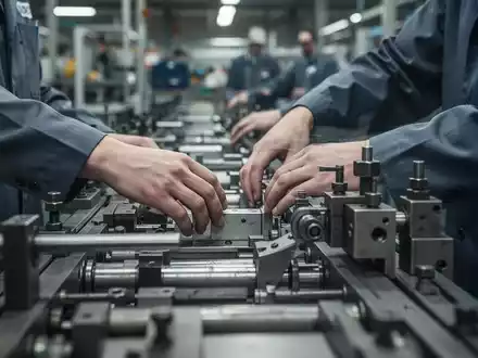 Nahaufnahme der Hände eines Fabrikarbeiters an einer Maschine, im Hintergrund eine verschwommene Montagelinie in einer Autofabrik. - Foto: über boerse-global.de