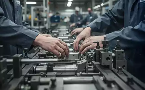Nahaufnahme der Hände eines Fabrikarbeiters an einer Maschine, im Hintergrund eine verschwommene Montagelinie in einer Autofabrik. - Foto: über boerse-global.de