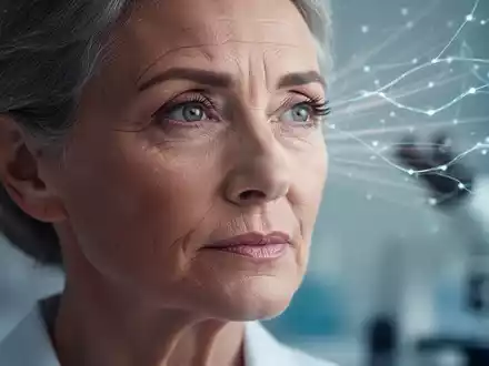 Nahaufnahme des nachdenklichen Gesichts einer älteren Frau mit angedeuteten neuronalen Verbindungen im Hintergrund. - Foto: über boerse-global.de