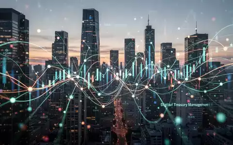 Abstrakte Darstellung von Finanzdaten und Transaktionen mit leuchtenden Linien und Knoten, vor einer modernen Stadtkulisse bei Dämmerung. - Foto: über boerse-global.de