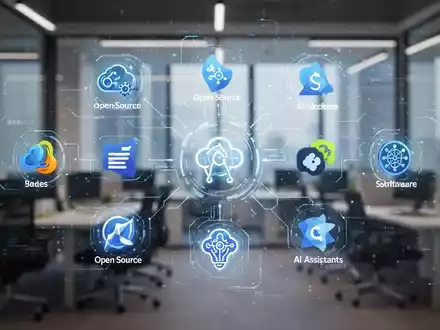 Digitale Oberfläche mit leuchtenden Symbolen für Produktivitätstools, Open-Source-Software und KI-Assistenten in einem modernen Büro. - Foto: über boerse-global.de