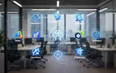 Digitale Oberfläche mit leuchtenden Symbolen für Produktivitätstools, Open-Source-Software und KI-Assistenten in einem modernen Büro. - Foto: über boerse-global.de