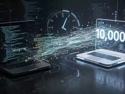 Ein futuristischer, leuchtender Datenstrom, der 10.000 Zeilen Code zwischen zwei stilisierten digitalen Plattformen migriert. - Foto: über boerse-global.de