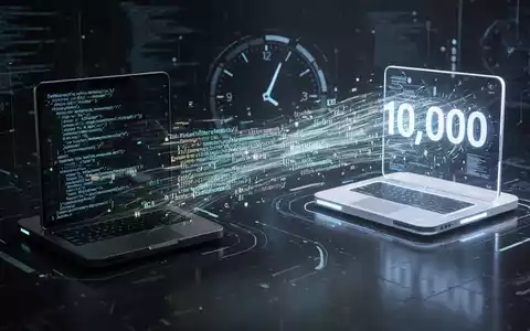 Ein futuristischer, leuchtender Datenstrom, der 10.000 Zeilen Code zwischen zwei stilisierten digitalen Plattformen migriert. - Foto: über boerse-global.de