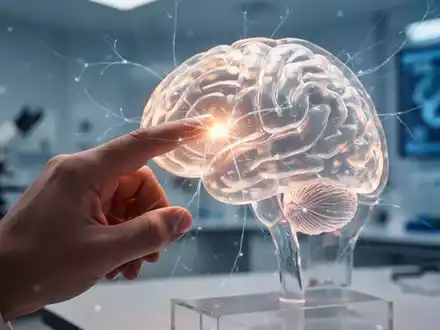 Eine Nahaufnahme einer menschlichen Hand, die ein leuchtendes Gehirnmodell berührt, mit angedeuteten neuronalen Verbindungen. - Foto: über boerse-global.de