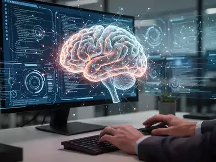 Leuchtendes KI-Gehirn integriert mit Computerbildschirm, GUI-Elemente und Code, Hände interagieren mit Tastatur. - Foto: über boerse-global.de