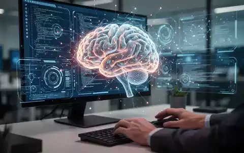 Leuchtendes KI-Gehirn integriert mit Computerbildschirm, GUI-Elemente und Code, Hände interagieren mit Tastatur. - Foto: über boerse-global.de