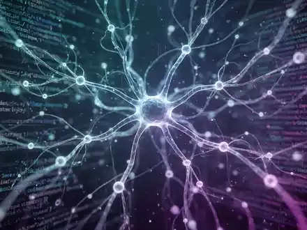 Leuchtendes, komplexes neuronales Netzwerkdiagramm in Blau und Lila über verschwommenen Datenströmen und Code, symbolisiert KI und Datenmanagement. - Foto: über boerse-global.de