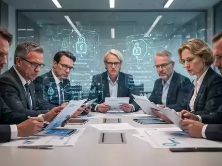 Eine Gruppe von Personalräten diskutiert in einem modernen Konferenzraum, während subtile holografische KI-Elemente die Szene überlagern. - Foto: über boerse-global.de