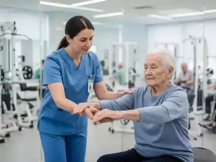 Ein Physiotherapeut unterstützt einen älteren Patienten bei einer Übung in einer modernen Rehabilitationsklinik. - Foto: über boerse-global.de