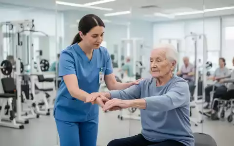 Ein Physiotherapeut unterstützt einen älteren Patienten bei einer Übung in einer modernen Rehabilitationsklinik. - Foto: über boerse-global.de