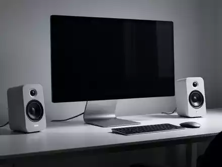 Minimalistische PC-Lautsprecher, die elegant an einem modernen Computermonitor befestigt sind, auf einem aufgeräumten Schreibtisch. - Foto: über boerse-global.de