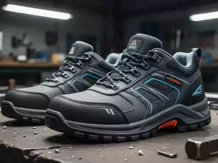 Nahaufnahme von modernen Sicherheitsschuhen, die Ergonomie und fortschrittliche Materialien in einer Werkstattumgebung hervorheben. - Foto: über boerse-global.de