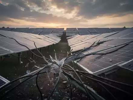 Ein weitläufiger Solarpark bei Sonnenaufgang, mit beschädigten Kabeln an den Solarmodulen, die einen Diebstahl andeuten. - Foto: über boerse-global.de