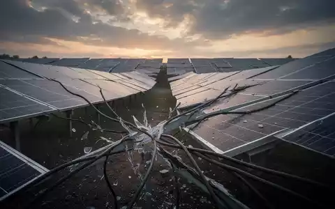Ein weitläufiger Solarpark bei Sonnenaufgang, mit beschädigten Kabeln an den Solarmodulen, die einen Diebstahl andeuten. - Foto: über boerse-global.de