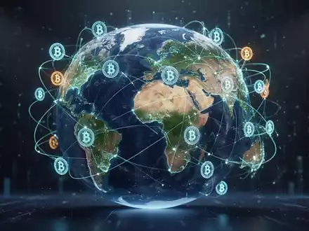 Stilisierte Erdkugel mit leuchtenden Netzlinien zwischen Kontinenten, symbolisiert globale Geldtransfers und Finanztechnologie. - Foto: über boerse-global.de