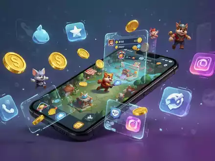 Ein Smartphone-Bildschirm zeigt ein mobiles Spiel mit verschiedenen digitalen Symbolen und Elementen, die herumschweben, was mobiles Gaming und App-Stores repräsentiert. - Foto: über boerse-global.de