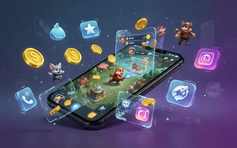 Ein Smartphone-Bildschirm zeigt ein mobiles Spiel mit verschiedenen digitalen Symbolen und Elementen, die herumschweben, was mobiles Gaming und App-Stores repräsentiert. - Foto: über boerse-global.de