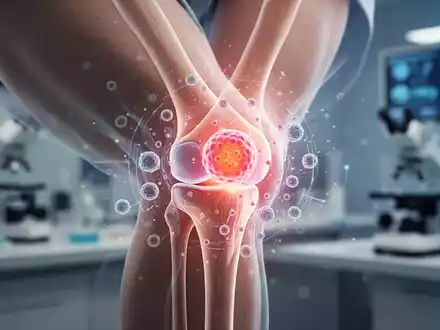 Ein menschliches Kniegelenk mit subtilen digitalen Überlagerungen, die zelluläre Aktivität und Regeneration andeuten. - Foto: über boerse-global.de
