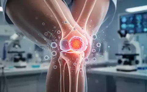 Ein menschliches Kniegelenk mit subtilen digitalen Überlagerungen, die zelluläre Aktivität und Regeneration andeuten. - Foto: über boerse-global.de