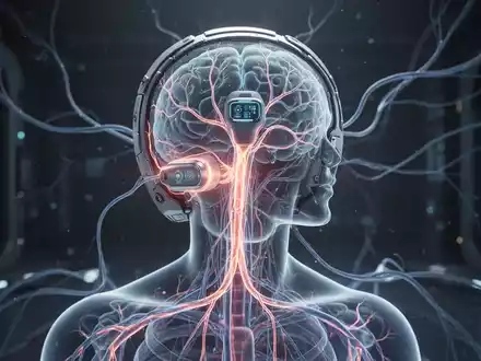 Nahaufnahme eines futuristischen bioelektronischen Geräts mit leuchtenden neuronalen Pfaden, das die Vagusnerv-Stimulation darstellt. - Foto: über boerse-global.de