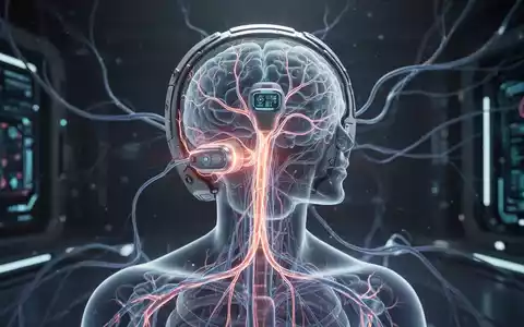 Nahaufnahme eines futuristischen bioelektronischen Geräts mit leuchtenden neuronalen Pfaden, das die Vagusnerv-Stimulation darstellt. - Foto: über boerse-global.de