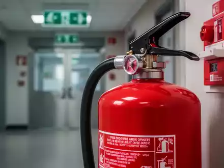 Ein roter Feuerlöscher steht in einem modernen Gebäude, im Hintergrund sind Notausgänge und Brandschutzzeichen verschwommen zu sehen. - Foto: über boerse-global.de