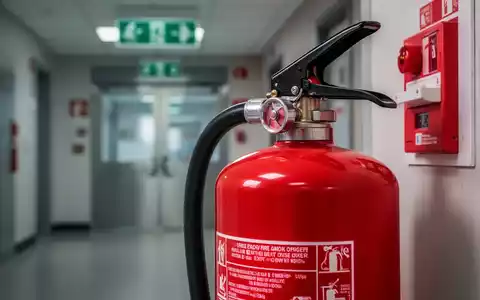 Ein roter Feuerlöscher steht in einem modernen Gebäude, im Hintergrund sind Notausgänge und Brandschutzzeichen verschwommen zu sehen. - Foto: über boerse-global.de