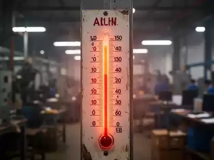 Ein Thermometer zeigt extrem hohe Temperaturen vor einem verschwommenen Hintergrund, der einen heißen Arbeitsplatz andeutet. - Foto: über boerse-global.de