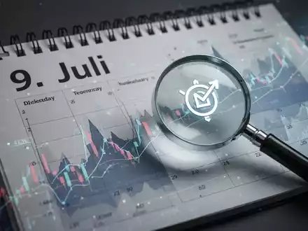 Ein Kalenderblatt mit dem 9. Juli, überlagert von Finanzdiagrammen und einem Vergrößerungsglas, das auf ein Dividenden-Symbol zeigt. - Foto: über boerse-global.de
