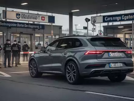 Ein modernes SUV mit Schweizer Kennzeichen steht an einem Grenzübergang, während Zollbeamte im Hintergrund zu sehen sind. - Foto: über boerse-global.de