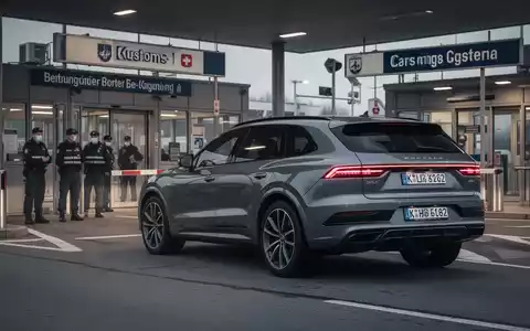 Ein modernes SUV mit Schweizer Kennzeichen steht an einem Grenzübergang, während Zollbeamte im Hintergrund zu sehen sind. - Foto: über boerse-global.de