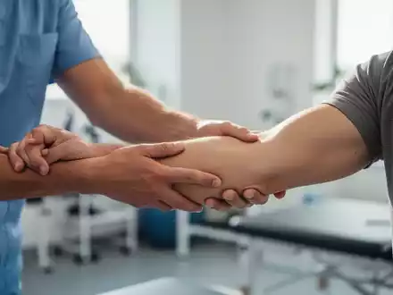 Hände eines Physiotherapeuten, die den Arm eines Patienten während der Rehabilitation sanft führen. - Foto: über boerse-global.de