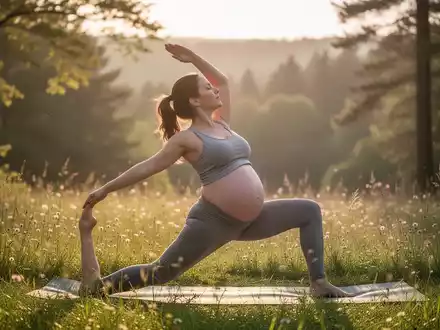 Eine schwangere Frau macht Yoga in einer ruhigen, sonnigen Naturlandschaft, möglicherweise einer Wiese oder am Waldrand. - Foto: über boerse-global.de